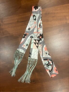 Emilio Pucci Gray, Coral & Mint Patterned Silk Scarf Belt with Fringe